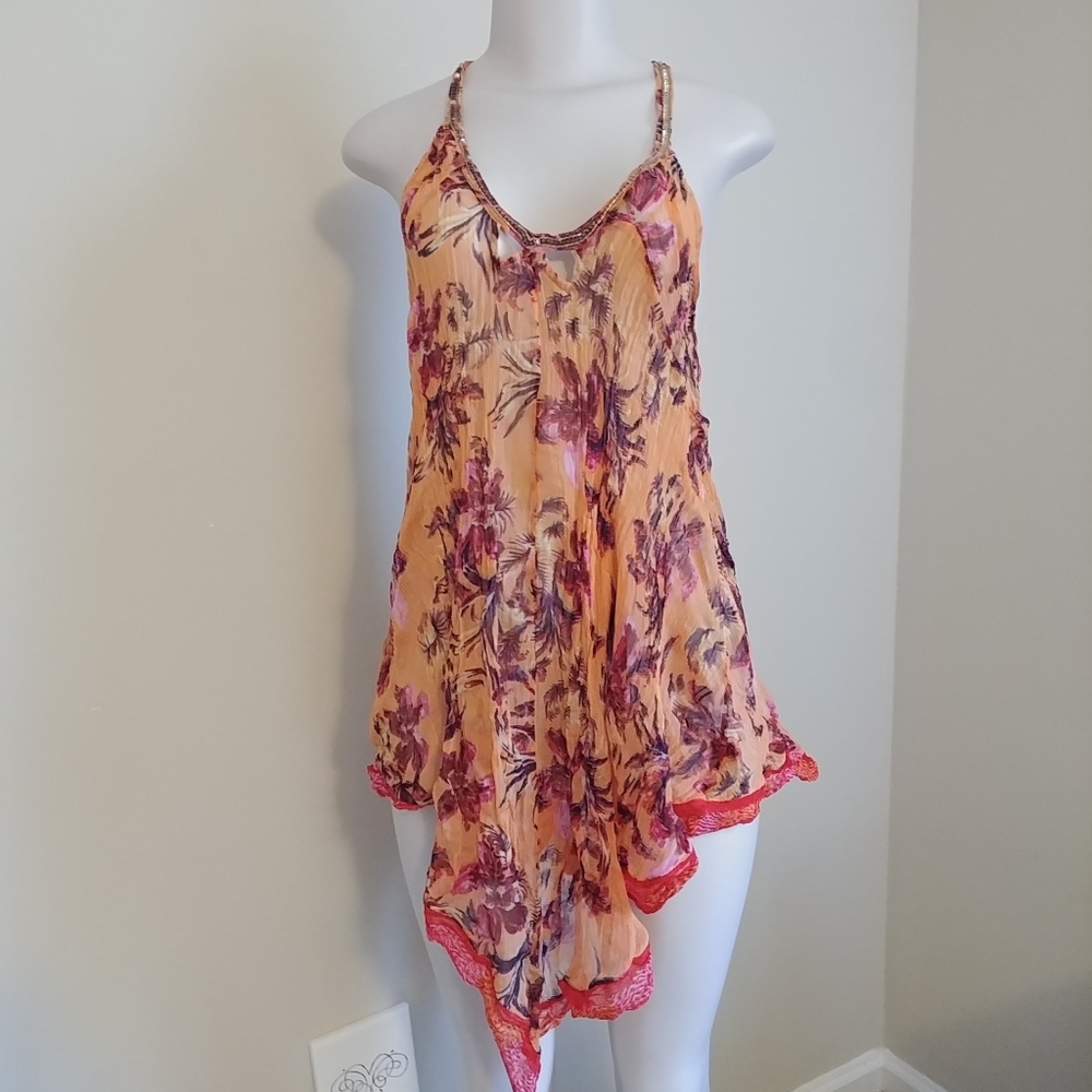 Free People Peach Floral Handkerchief Hem Chemise